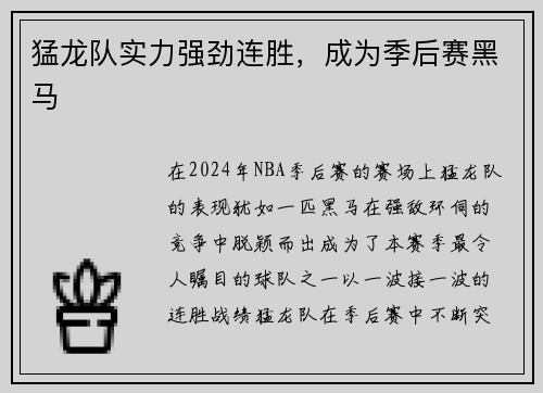 猛龙队实力强劲连胜，成为季后赛黑马